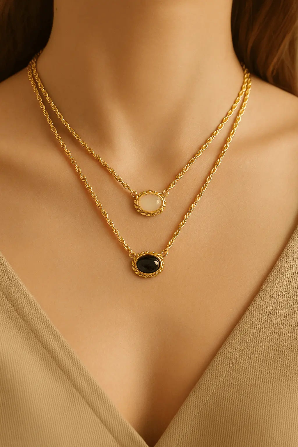18kt Gold Plated Cats Eye Stone Gold Plated Layered Opal Necklace - Manoune JEWELRY Belly_Jewelry Earrings - Navel_Ring - Necklace - Stud - Manoune_Jewelry - Belly_Ring - Navel_Jewelry Titanium Gold_Plated