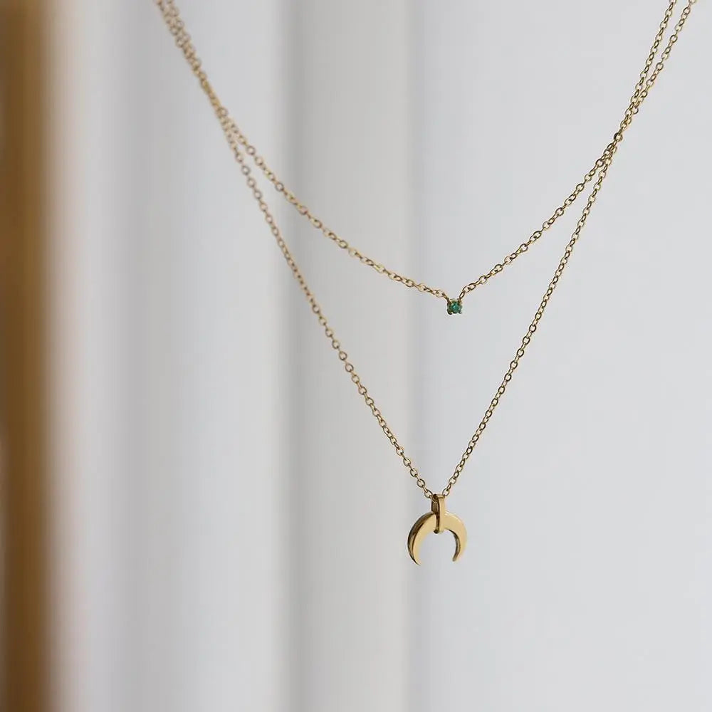 18k Gold Plated Moon Necklace with Green CZ Charm | Layered Double Chain, Hypoallergenic, Celestial Jewelry, Everyday Gift, Waterproof - Manoune JEWELRY Belly_Jewelry Earrings - Navel_Ring - Necklace - Stud - Manoune_Jewelry - Belly_Ring - Navel_Jewelry Titanium Gold_Plated