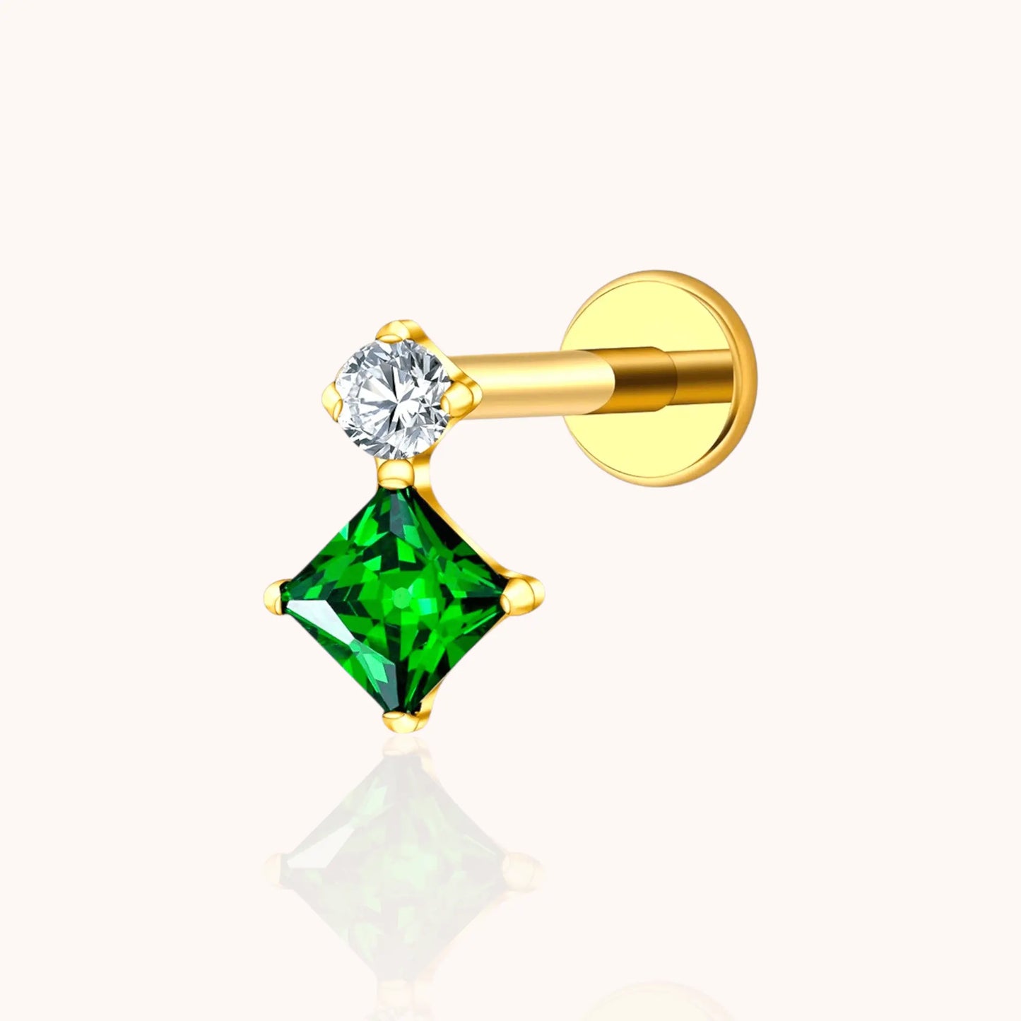 Titanium PVD 16G Square & Round Green CZ Labret Stud Threaded - Manoune JEWELRY Belly_Jewelry Earrings - Navel_Ring - Necklace - Stud - Manoune_Jewelry - Belly_Ring - Navel_Jewelry Titanium Gold_Plated