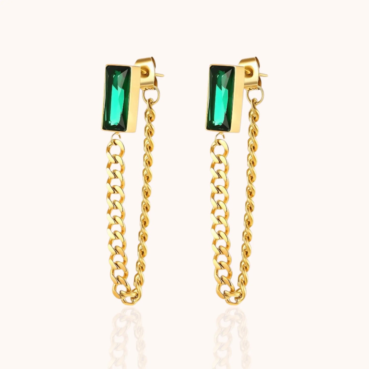 Pair Emerald Chain Drop Earrings - Manoune JEWELRY Belly_Jewelry Earrings - Navel_Ring - Necklace - Stud - Manoune_Jewelry - Belly_Ring - Navel_Jewelry Titanium Gold_Plated