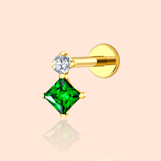 Titanium PVD 16G Square & Round Green CZ Labret Stud Threaded - Manoune JEWELRY Belly_Jewelry Earrings - Navel_Ring - Necklace - Stud - Manoune_Jewelry - Belly_Ring - Navel_Jewelry Titanium Gold_Plated