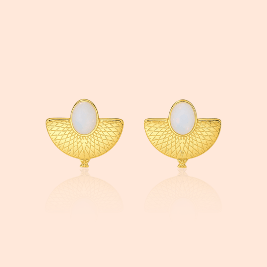 18kt Gold Plated Oval Fanshaped Albumin Stone Stud Earrings - Manoune JEWELRY Belly_Jewelry Earrings - Navel_Ring - Necklace - Stud - Manoune_Jewelry - Belly_Ring - Navel_Jewelry Titanium Gold_Plated