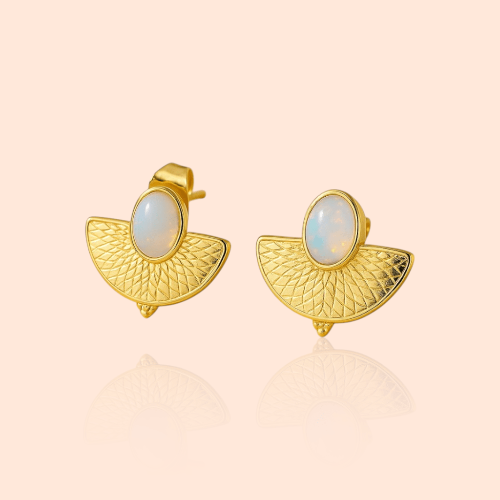18kt Gold Plated Oval Fanshaped Albumin Stone Stud Earrings - Manoune JEWELRY Belly_Jewelry Earrings - Navel_Ring - Necklace - Stud - Manoune_Jewelry - Belly_Ring - Navel_Jewelry Titanium Gold_Plated