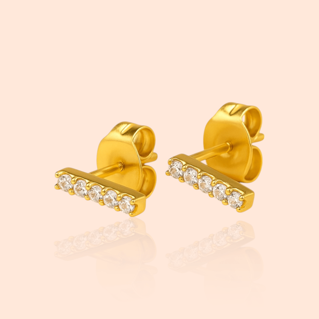 18kt Gold Plated Horizontal Bar Rectangular Small Zircon Stud Earrings - Manoune JEWELRY Belly_Jewelry Earrings - Navel_Ring - Necklace - Stud - Manoune_Jewelry - Belly_Ring - Navel_Jewelry Titanium Gold_Plated