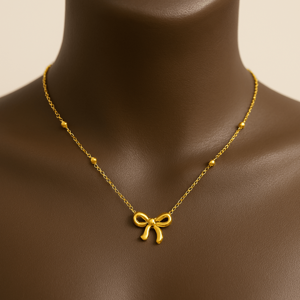 18kt Gold Plated Bead Chain Bow Charm Necklace - Manoune JEWELRY Belly_Jewelry Earrings - Navel_Ring - Necklace - Stud - Manoune_Jewelry - Belly_Ring - Navel_Jewelry Titanium Gold_Plated