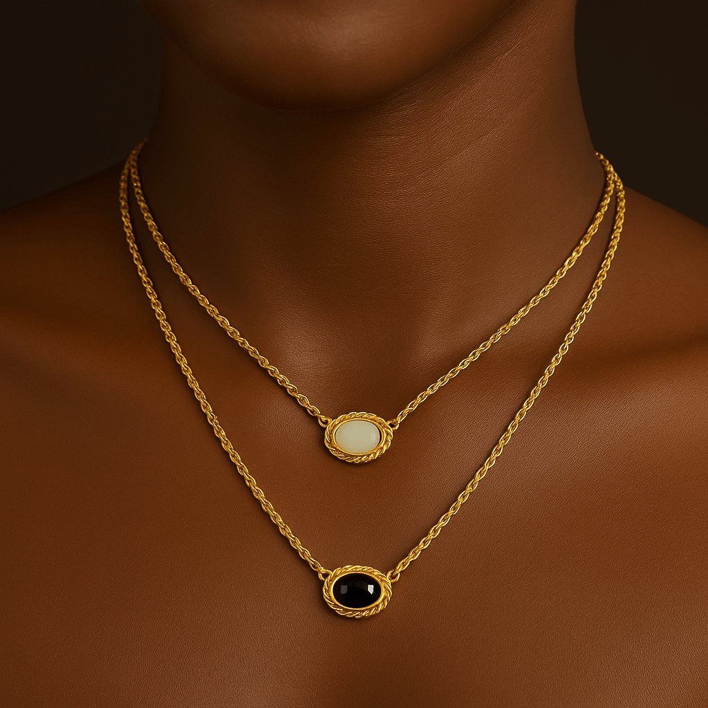 18kt Gold Plated Cats Eye Stone Gold Plated Layered Opal Necklace - Manoune JEWELRY Belly_Jewelry Earrings - Navel_Ring - Necklace - Stud - Manoune_Jewelry - Belly_Ring - Navel_Jewelry Titanium Gold_Plated