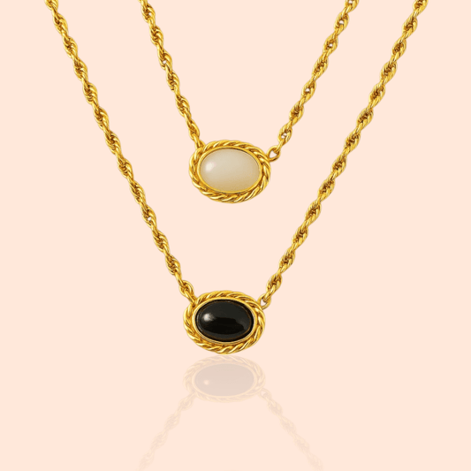 18kt Gold Plated Cats Eye Stone Gold Plated Layered Opal Necklace - Manoune JEWELRY Belly_Jewelry Earrings - Navel_Ring - Necklace - Stud - Manoune_Jewelry - Belly_Ring - Navel_Jewelry Titanium Gold_Plated