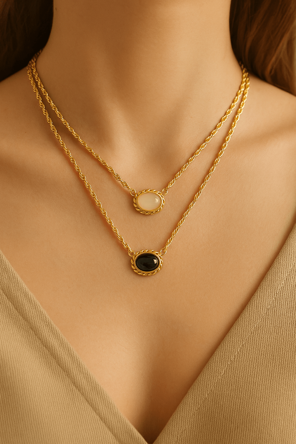 18kt Gold Plated Cats Eye Stone Gold Plated Layered Opal Necklace - Manoune JEWELRY Belly_Jewelry Earrings - Navel_Ring - Necklace - Stud - Manoune_Jewelry - Belly_Ring - Navel_Jewelry Titanium Gold_Plated