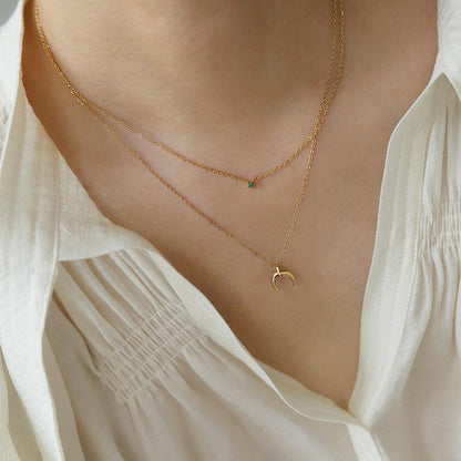18k Gold Plated Moon Necklace with Green CZ Charm | Layered Double Chain, Hypoallergenic, Celestial Jewelry, Everyday Gift, Waterproof - Manoune JEWELRY Belly_Jewelry Earrings - Navel_Ring - Necklace - Stud - Manoune_Jewelry - Belly_Ring - Navel_Jewelry Titanium Gold_Plated