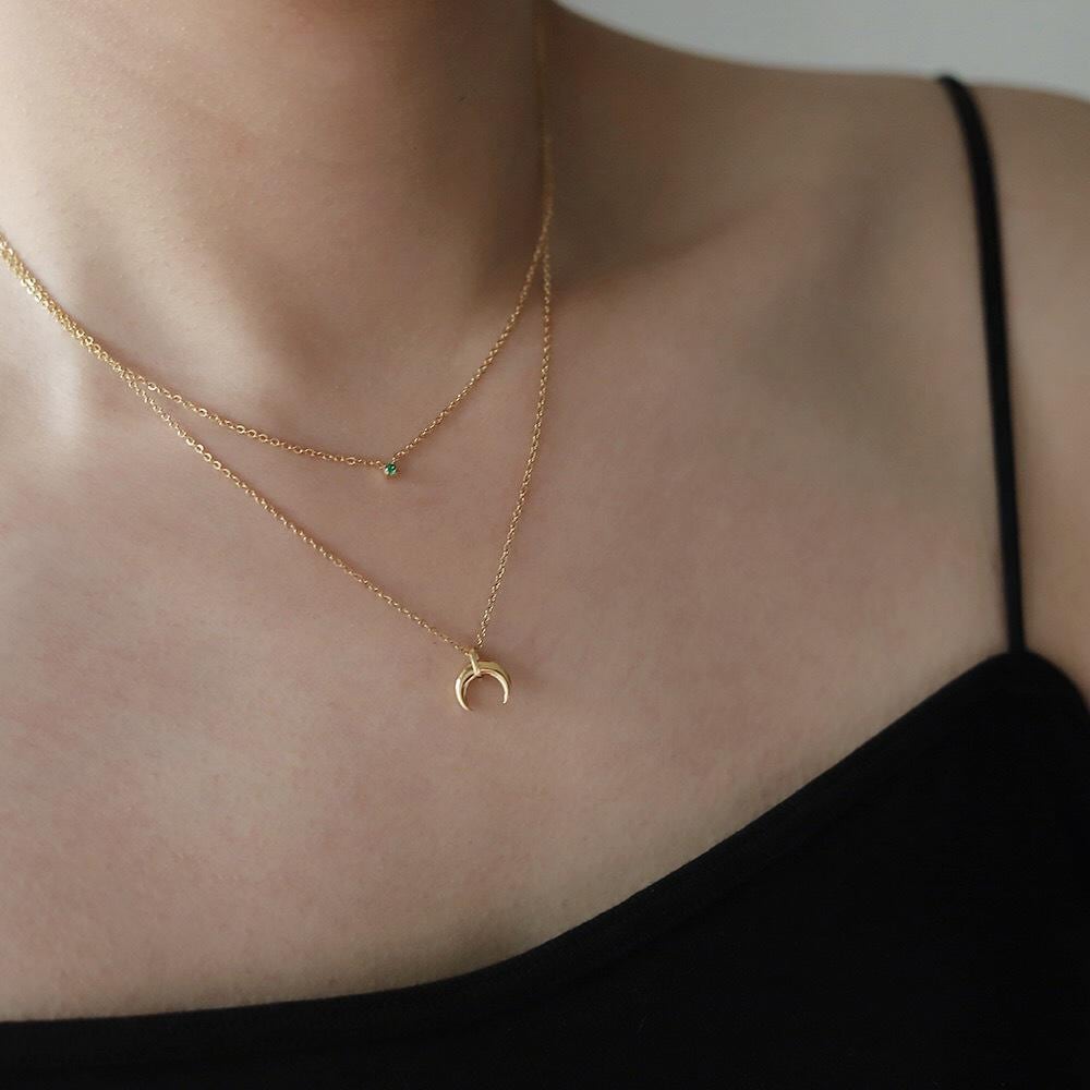 18k Gold Plated Moon Necklace with Green CZ Charm | Layered Double Chain, Hypoallergenic, Celestial Jewelry, Everyday Gift, Waterproof - Manoune JEWELRY Belly_Jewelry Earrings - Navel_Ring - Necklace - Stud - Manoune_Jewelry - Belly_Ring - Navel_Jewelry Titanium Gold_Plated