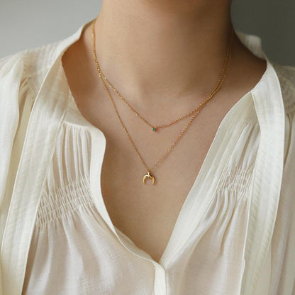 18k Gold Plated Moon Necklace with Green CZ Charm | Layered Double Chain, Hypoallergenic, Celestial Jewelry, Everyday Gift, Waterproof - Manoune JEWELRY Belly_Jewelry Earrings - Navel_Ring - Necklace - Stud - Manoune_Jewelry - Belly_Ring - Navel_Jewelry Titanium Gold_Plated
