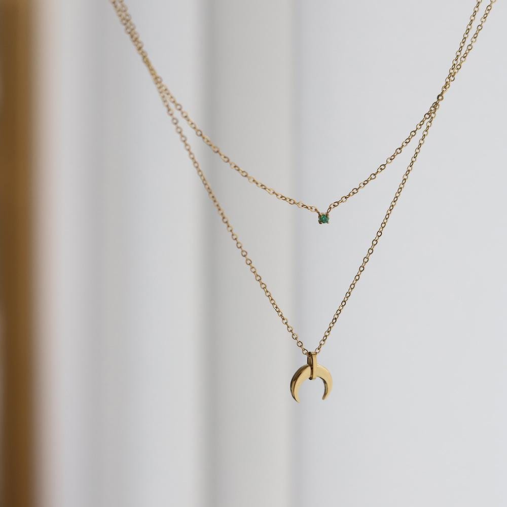 18k Gold Plated Moon Necklace with Green CZ Charm | Layered Double Chain, Hypoallergenic, Celestial Jewelry, Everyday Gift, Waterproof - Manoune JEWELRY Belly_Jewelry Earrings - Navel_Ring - Necklace - Stud - Manoune_Jewelry - Belly_Ring - Navel_Jewelry Titanium Gold_Plated