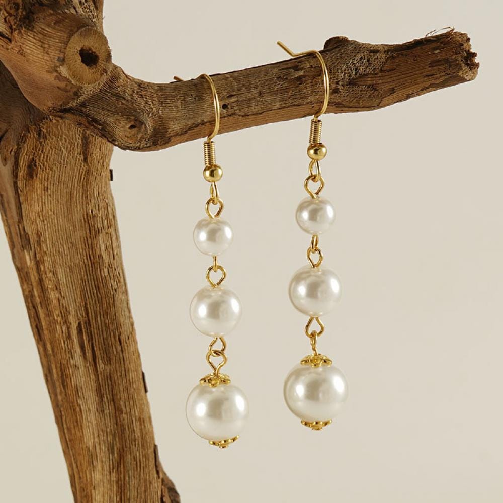 18k Gold Plated Agate Stone Long Pearl Drop Dangle Earrings - Elegant Handmade Jewelry - Manoune JEWELRY Belly_Jewelry Earrings - Navel_Ring - Necklace - Stud - Manoune_Jewelry - Belly_Ring - Navel_Jewelry Titanium Gold_Plated