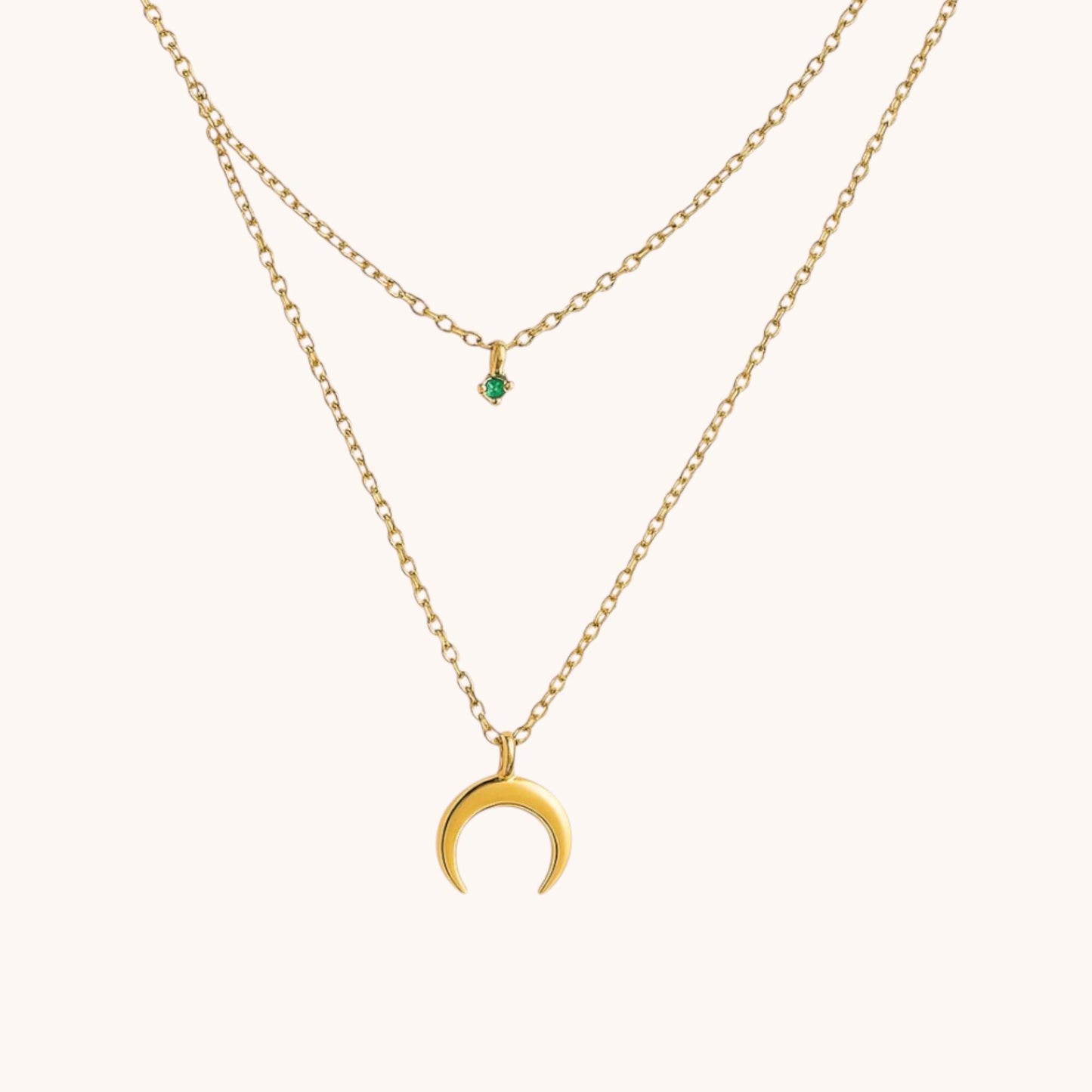 18k Gold Plated Moon Necklace with Green CZ Charm | Layered Double Chain, Hypoallergenic, Celestial Jewelry, Everyday Gift, Waterproof - Manoune JEWELRY Belly_Jewelry Earrings - Navel_Ring - Necklace - Stud - Manoune_Jewelry - Belly_Ring - Navel_Jewelry Titanium Gold_Plated