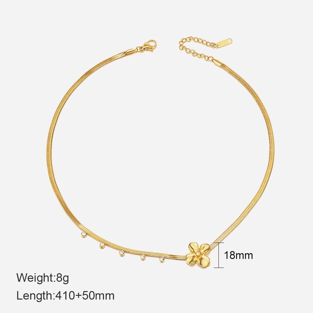 18k Gold Plated Snake Chain Flower Cubic Zirconia Necklace - Trendy Gift for Women Girls - Manoune JEWELRY Belly_Jewelry Earrings - Navel_Ring - Necklace - Stud - Manoune_Jewelry - Belly_Ring - Navel_Jewelry Titanium Gold_Plated