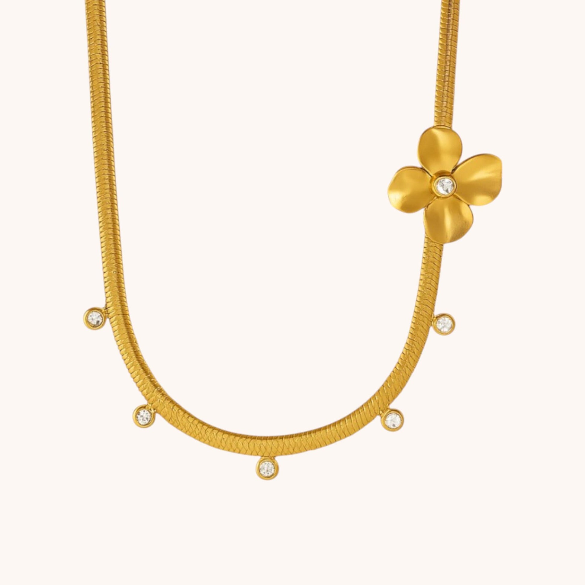 18k Gold Plated Snake Chain Flower Cubic Zirconia Necklace - Trendy Gift for Women Girls - Manoune JEWELRY Belly_Jewelry Earrings - Navel_Ring - Necklace - Stud - Manoune_Jewelry - Belly_Ring - Navel_Jewelry Titanium Gold_Plated