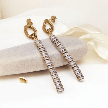 18k Gold Plated CZ Tennis Chain Cubic Zirconium Link Drop Dangle Earrings - Manoune JEWELRY Belly_Jewelry Earrings - Navel_Ring - Necklace - Stud - Manoune_Jewelry - Belly_Ring - Navel_Jewelry Titanium Gold_Plated