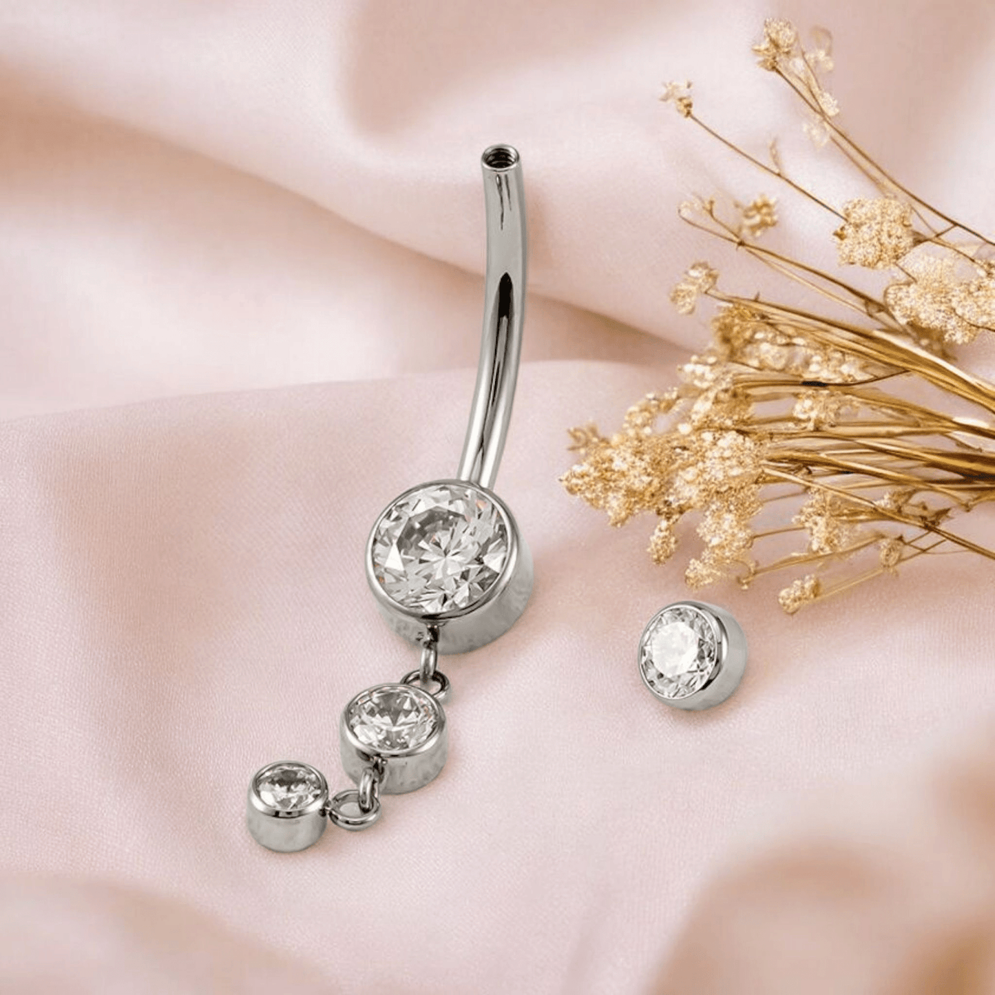 Titanium Dangle CZ Gems Belly Ring Drop Pendant CZ - Manoune JEWELRY Belly_Jewelry Earrings - Navel_Ring - Necklace - Stud - Manoune_Jewelry - Belly_Ring - Navel_Jewelry Titanium Gold_Plated