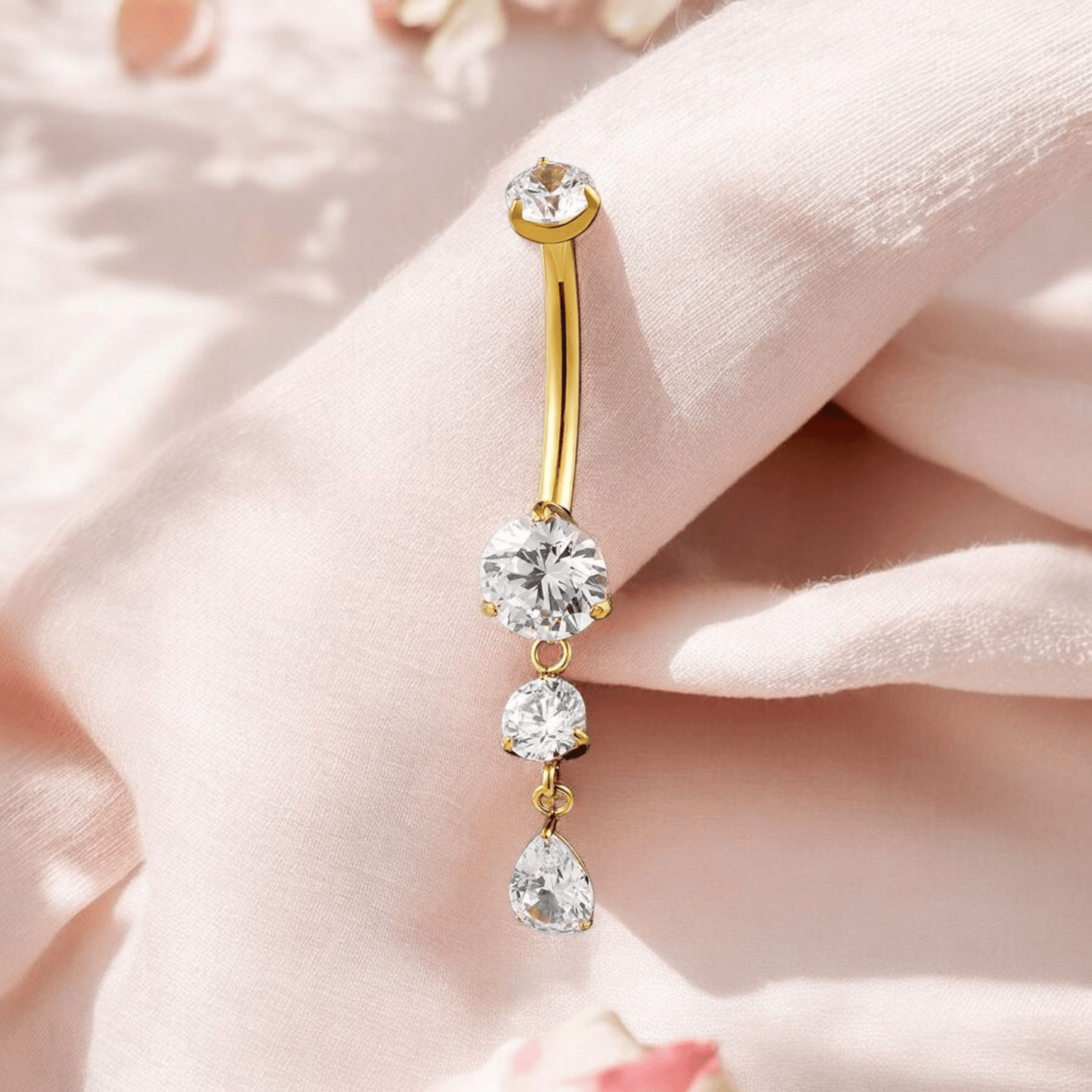 Titanium Teardrop CZ Dangle Belly Ring Dangling CZ Statement - Manoune JEWELRY Belly_Jewelry Earrings - Navel_Ring - Necklace - Stud - Manoune_Jewelry - Belly_Ring - Navel_Jewelry Titanium Gold_Plated