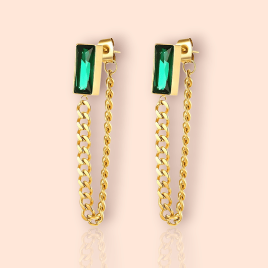 Pair Emerald Chain Drop Earrings - Manoune JEWELRY Belly_Jewelry Earrings - Navel_Ring - Necklace - Stud - Manoune_Jewelry - Belly_Ring - Navel_Jewelry Titanium Gold_Plated