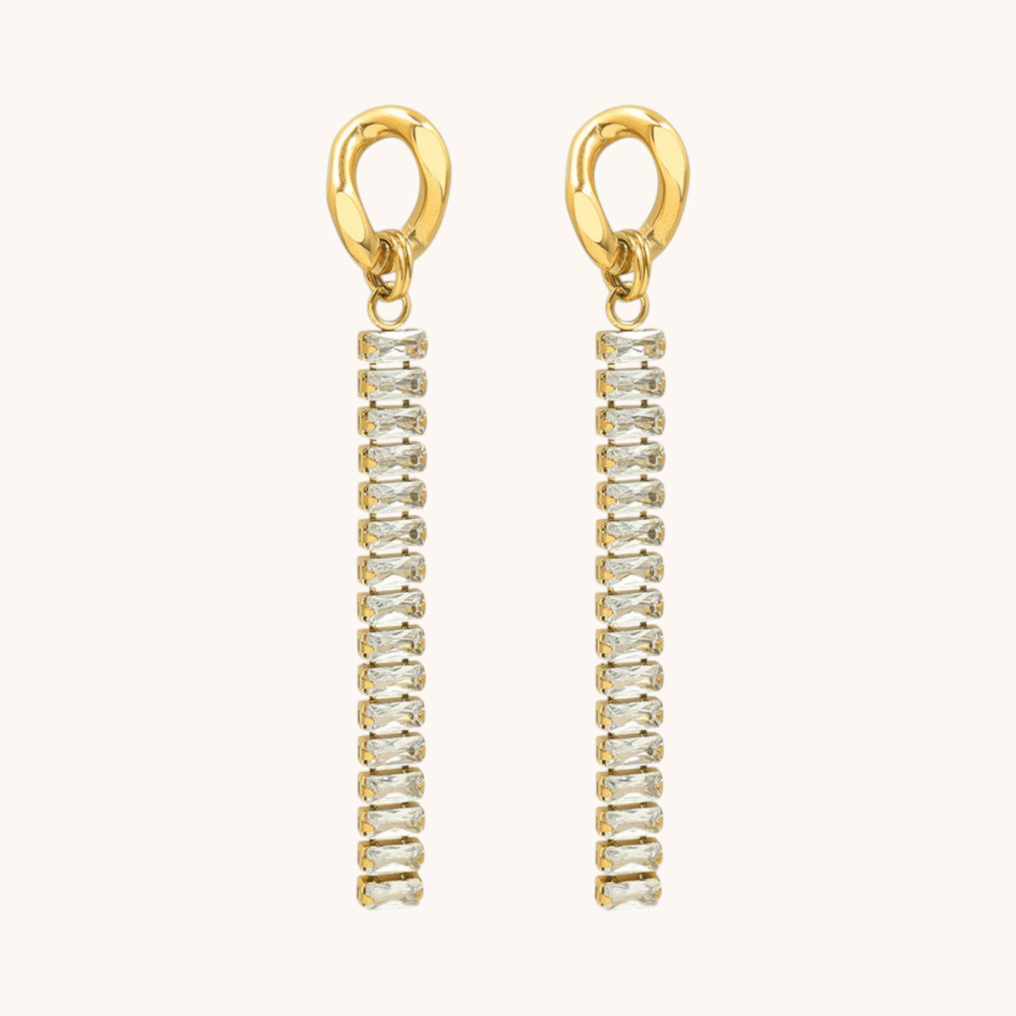 18k Gold Plated CZ Tennis Chain Cubic Zirconium Link Drop Dangle Earrings - Manoune JEWELRY Belly_Jewelry Earrings - Navel_Ring - Necklace - Stud - Manoune_Jewelry - Belly_Ring - Navel_Jewelry Titanium Gold_Plated