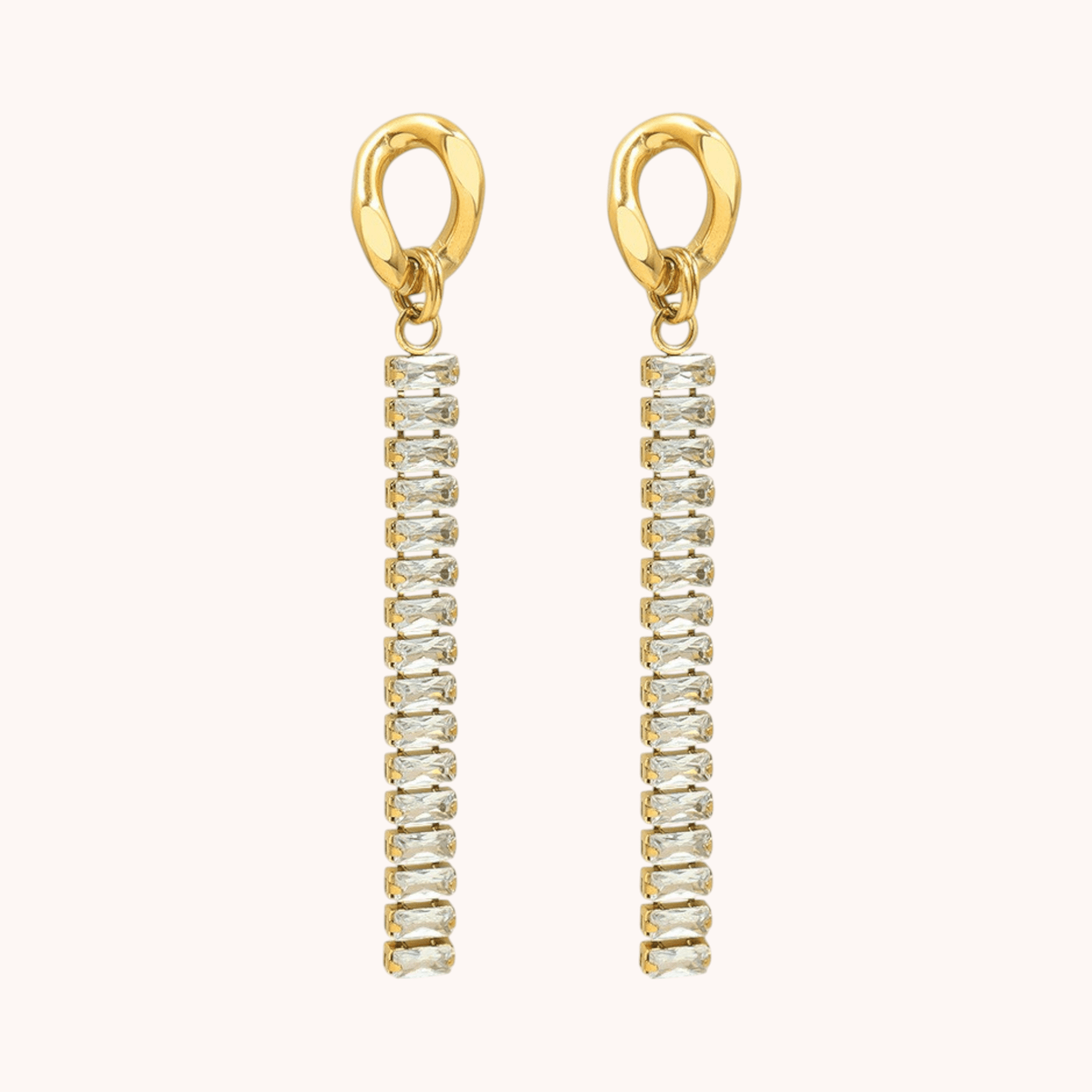 18k Gold Plated CZ Tennis Chain Cubic Zirconium Link Drop Dangle Earrings - Manoune JEWELRY Belly_Jewelry Earrings - Navel_Ring - Necklace - Stud - Manoune_Jewelry - Belly_Ring - Navel_Jewelry Titanium Gold_Plated